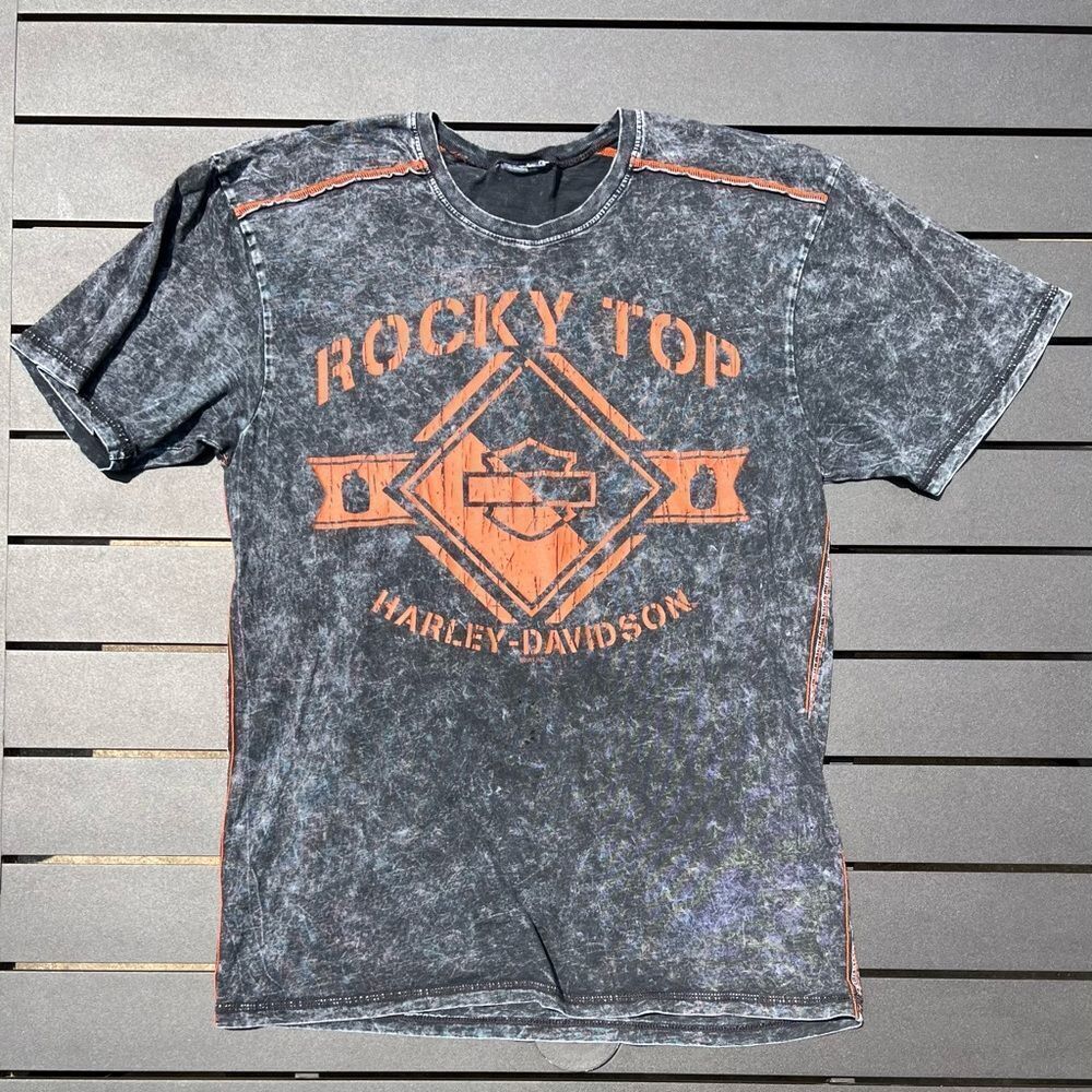 Thrashed Harley-Davidson Gray and Orange Rocky Top Short Sleeve Tee Distressed